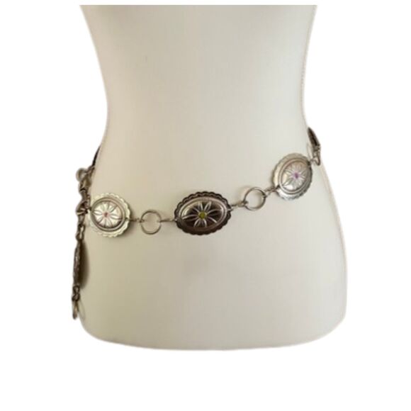 Women’s Silver Tone Concho Belt 36” Floral Embossed Boho Whimsigoth VTG Preowned - Picture 1 of 4